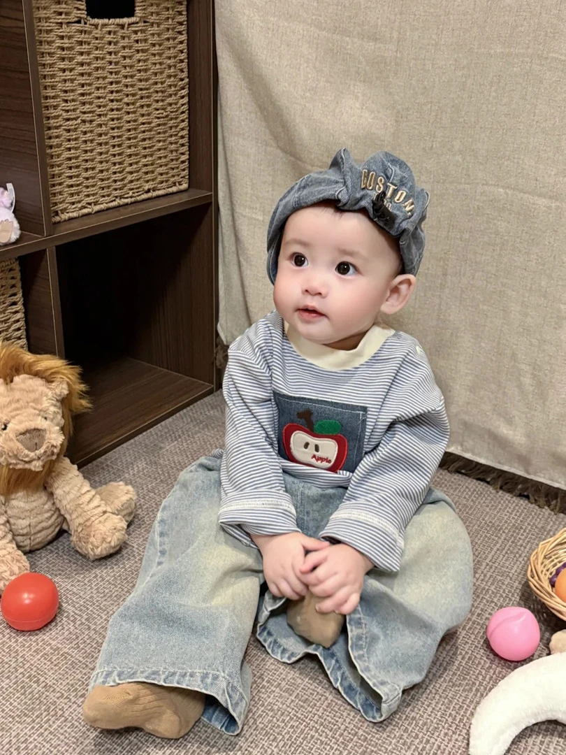 男童套装秋2025新款儿童可爱卡通刺绣条纹长袖T恤男孩阔腿牛仔裤