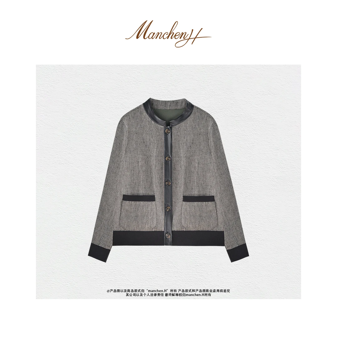 曼辰manchenh"精致格调"意大利进口编织软亚麻拼皮夹克外套