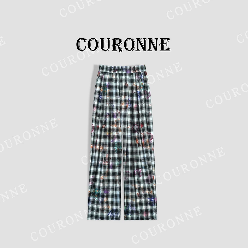 【小熊】-春夏‘’涂鸦格纹‘’慵懒休闲高腰直筒垂感松紧阔腿裤32624