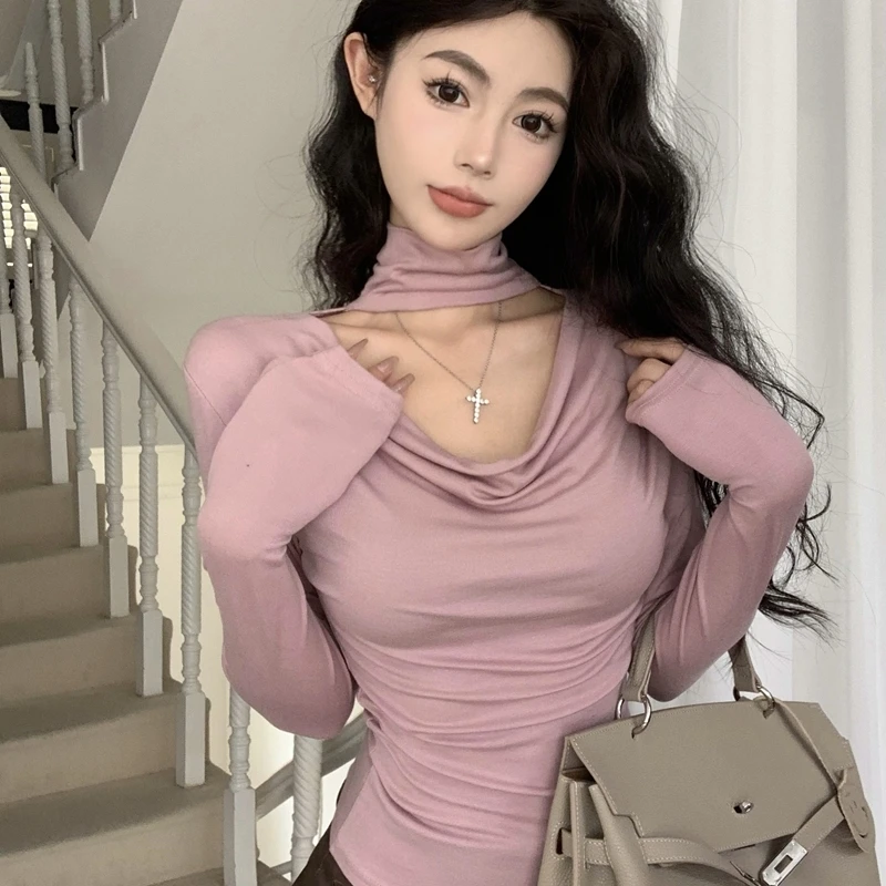 纯欲荡领镂空设计长袖T恤打底衫2023新款女秋冬内搭外穿独特上衣