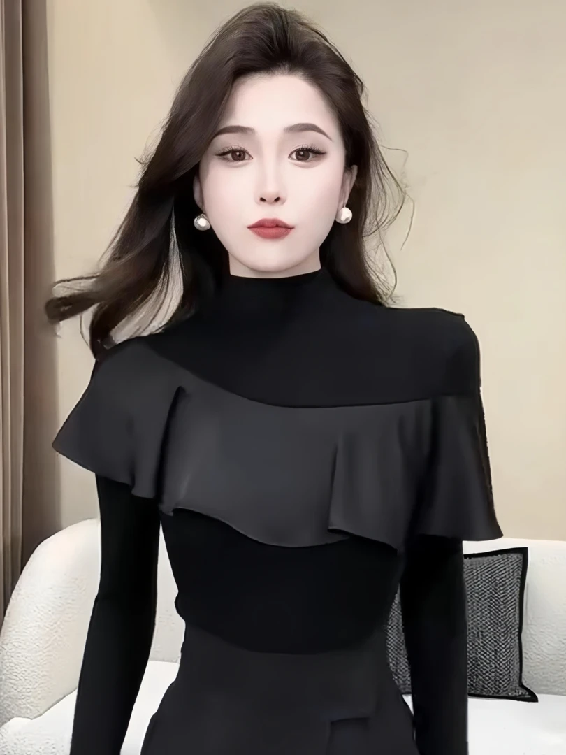 法式气质荷叶边半高领长袖T恤女2025秋季新款设计感显瘦百搭上衣