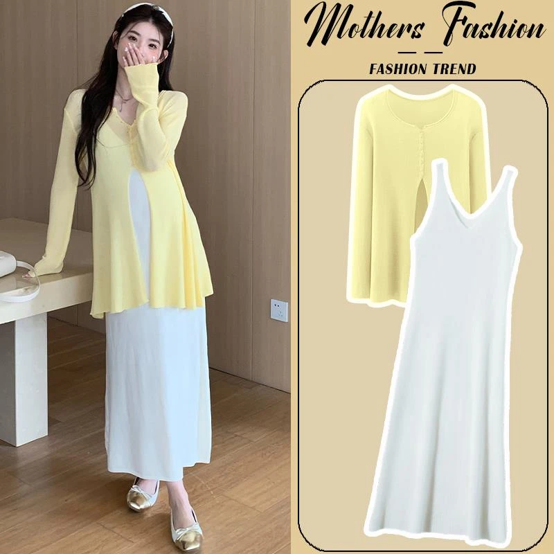 夏季时髦孕妇装韩版显瘦连衣裙2025新款法式气质温柔杏色吊带裙