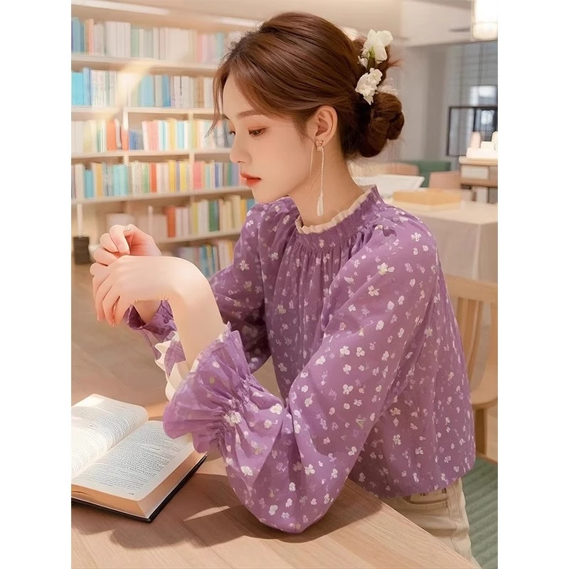 JY#法式衬衫女洋气紫色好看小衫春季新款减龄花边小衫DY12811D