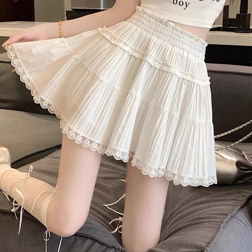 【现货】【短裙】大码甜妹夏季新款法式蕾丝拼接百褶显瘦半身裙