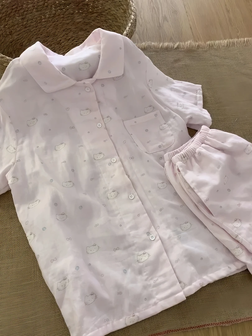 可爱卡通凯蒂猫印花睡衣女夏季新款少女甜美宽松短袖短裤家居服