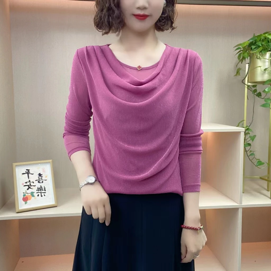 2025春季长袖网纱时尚气质显瘦洋气堆堆领纯色上衣百搭小衫106