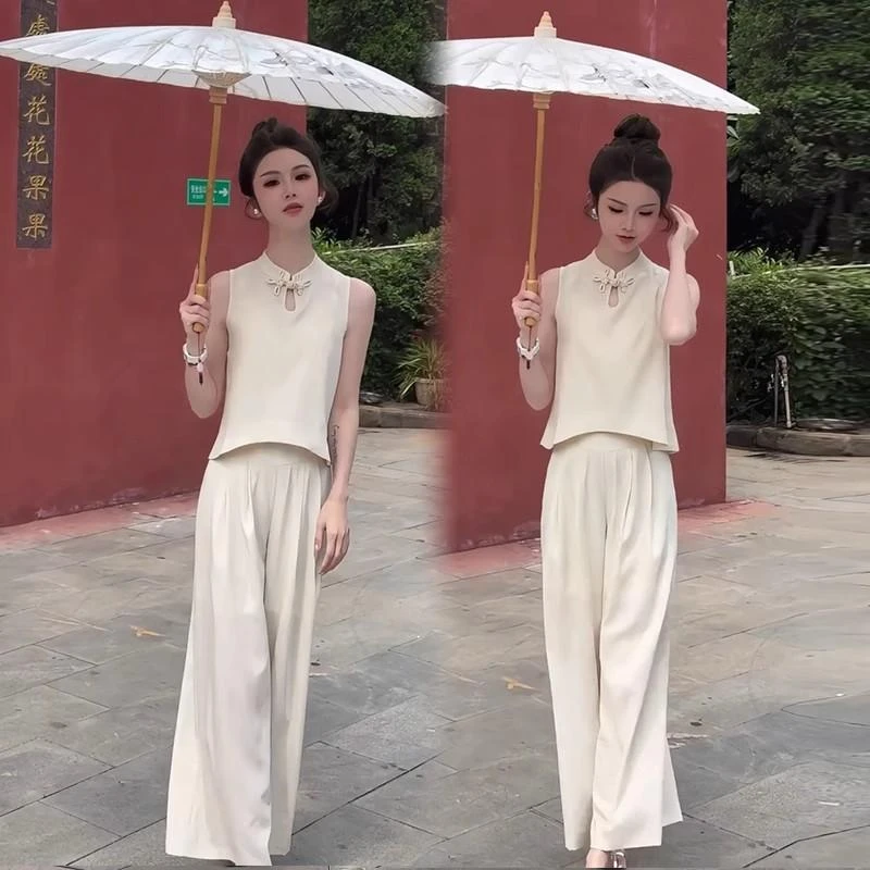 新中式国风套装女立体装饰花盘扣不规则上衣高腰垂感阔腿裤两件套