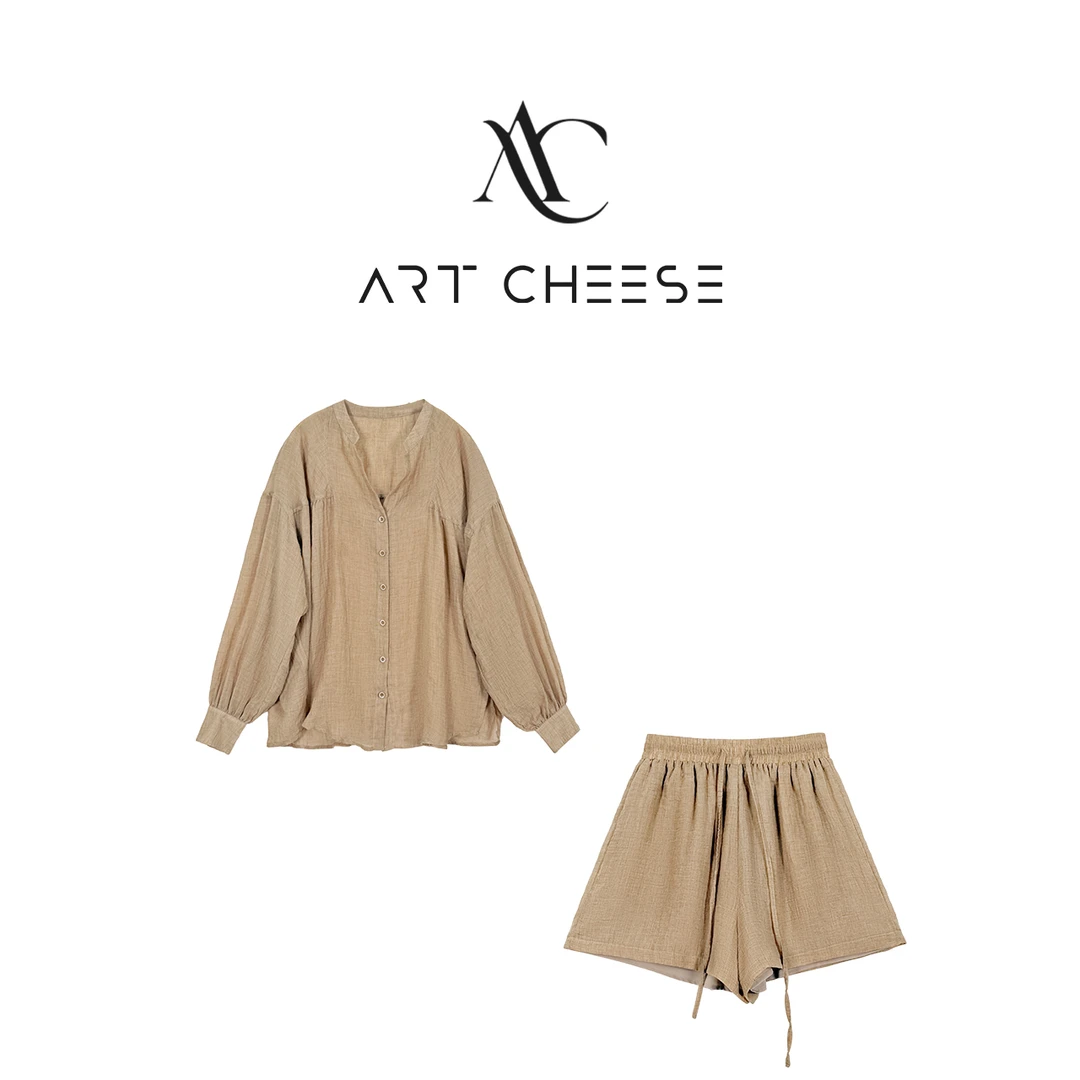 【芝士Cheese】山茶白日梦 休闲复古新中式夏季时尚上衣+松紧腰短裤