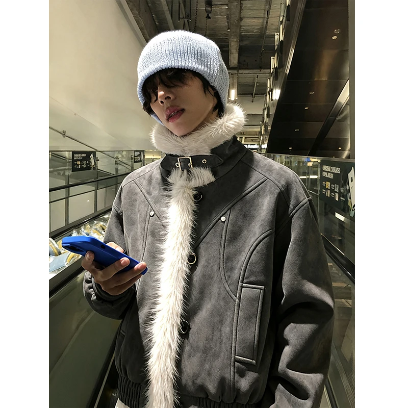 座山雕毛领棉服外套男冬季加厚高级感痞帅高级感美式立领短款棉衣