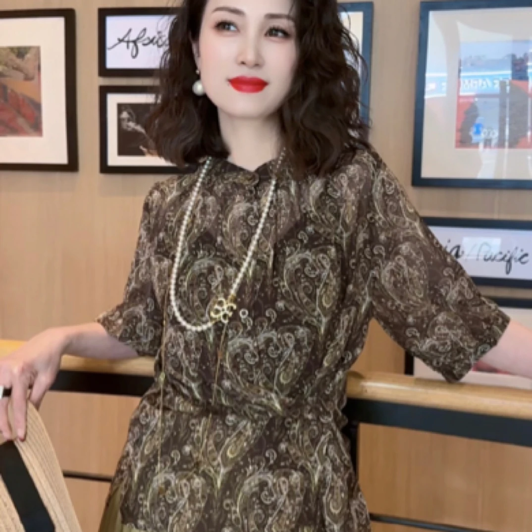 【雍容华贵】夏季短袖新款复腰果花印花上衣百搭时尚小衫显瘦衬衫