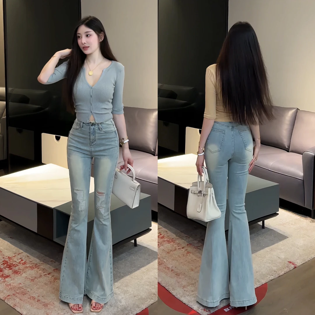 希野逸儿/浅色破洞微喇牛仔裤女2025新款高腰显瘦鱼尾喇叭拖地裤