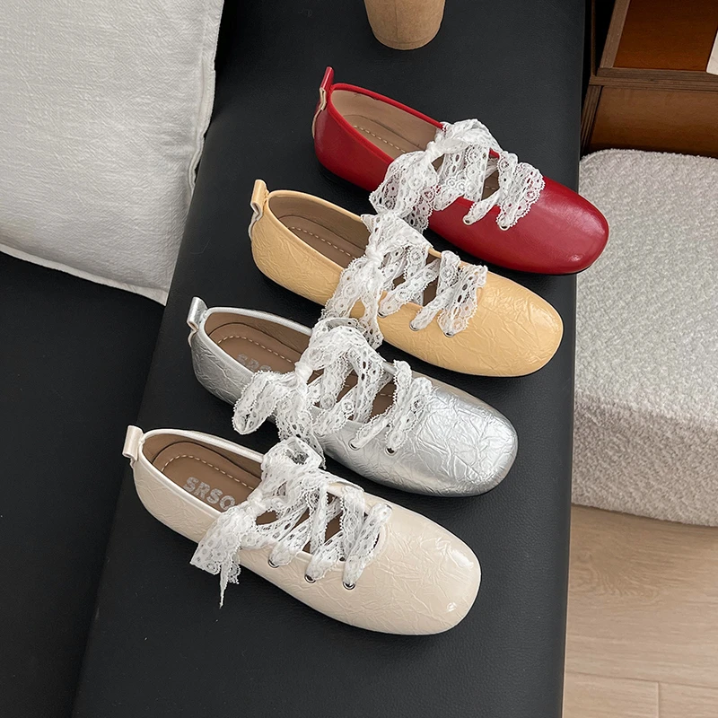 平底方头单鞋2025年夏季新款时尚百搭法式蕾丝系带配裙子休闲鞋女