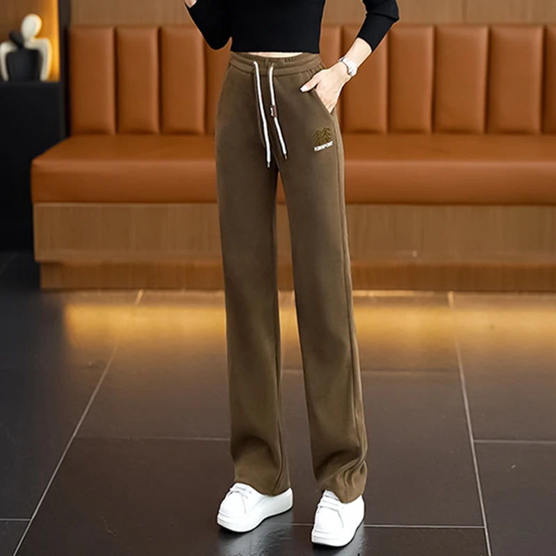 秋冬加绒高腰窄版直筒裤女秋季新款垂感拖地裤休闲阔腿遮肉女裤