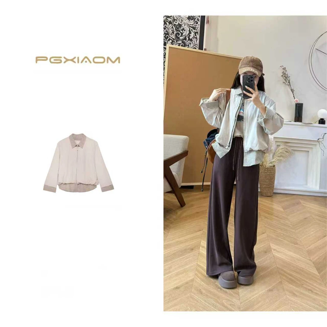 【PGXIAOM】润秀定制米杏色假两件格子拼接外套WT4407