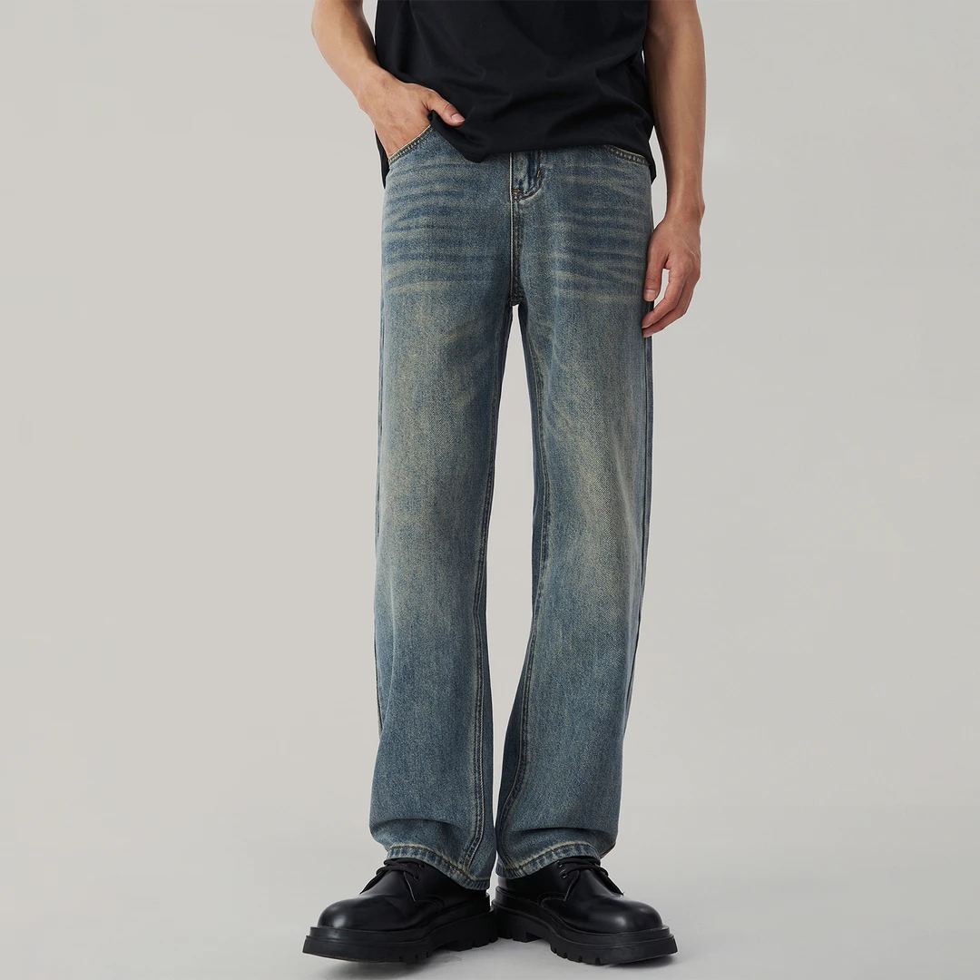 蓝色水洗牛仔裤男2025春季新款美式高街vibe休闲宽松直筒阔腿长裤