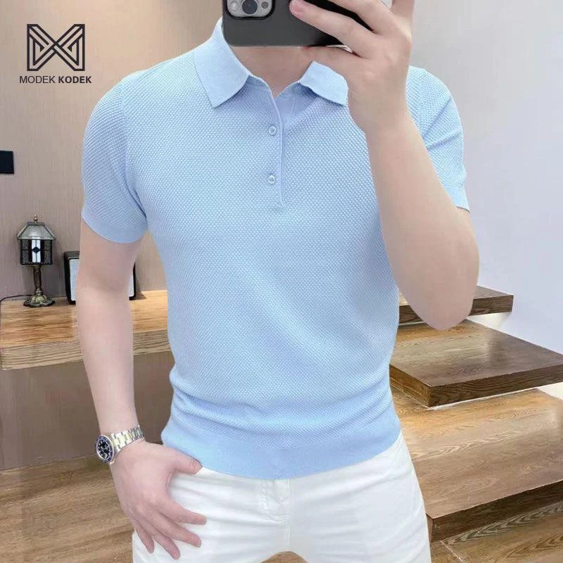 MODEK KODEK轻奢纯色冰丝POLO男士夏季菠萝翻领针织短袖百搭上衣