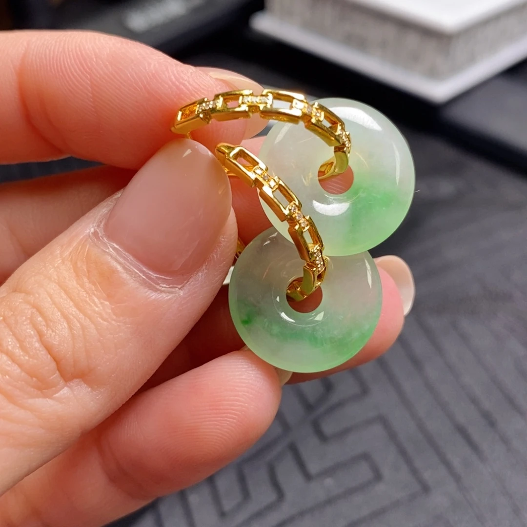 翡翠18K金镶嵌耳饰甜甜圈耳扣