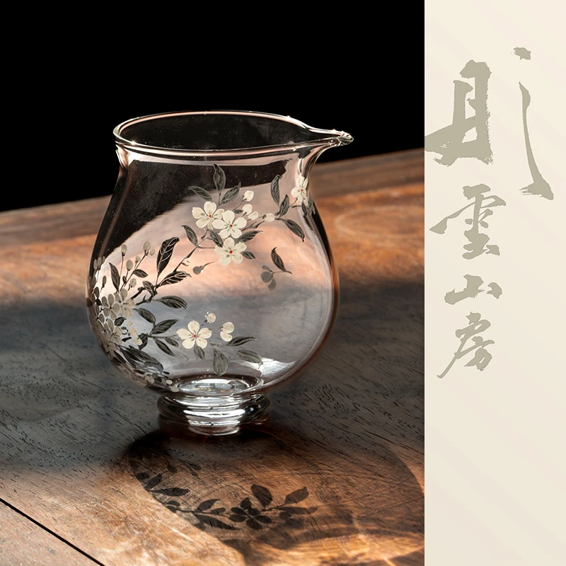 彤云山房玻璃手绘珐琅桃花绿心小玲珑公道杯景德镇手工手绘茶具