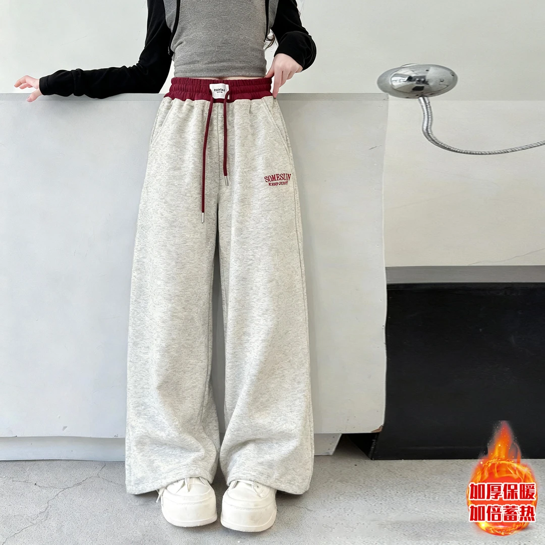 女童加绒裤子秋冬大童时髦洋气加厚卫裤儿童装阔腿裤初中生运动裤