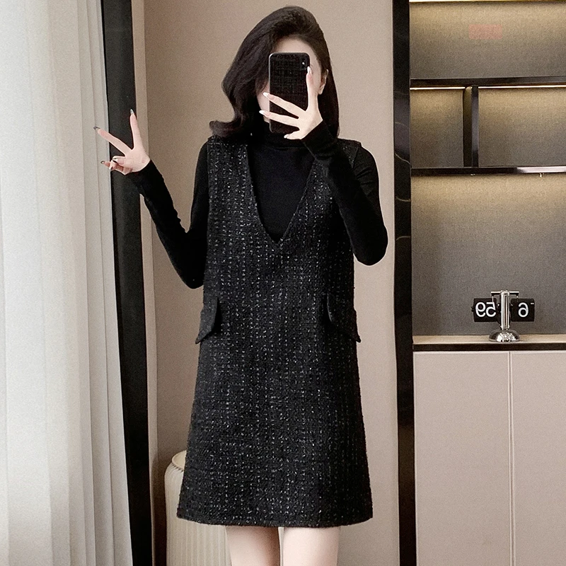 大码女装小香风遮肚子背心裙秋冬胖妹妹时尚中长款连衣裙减龄百搭