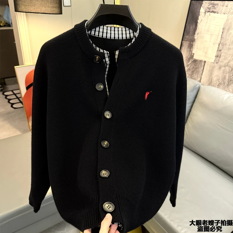 重磅1000克秋季假两件层次穿搭刺绣针织毛衣开衫宽松外套夹克外套