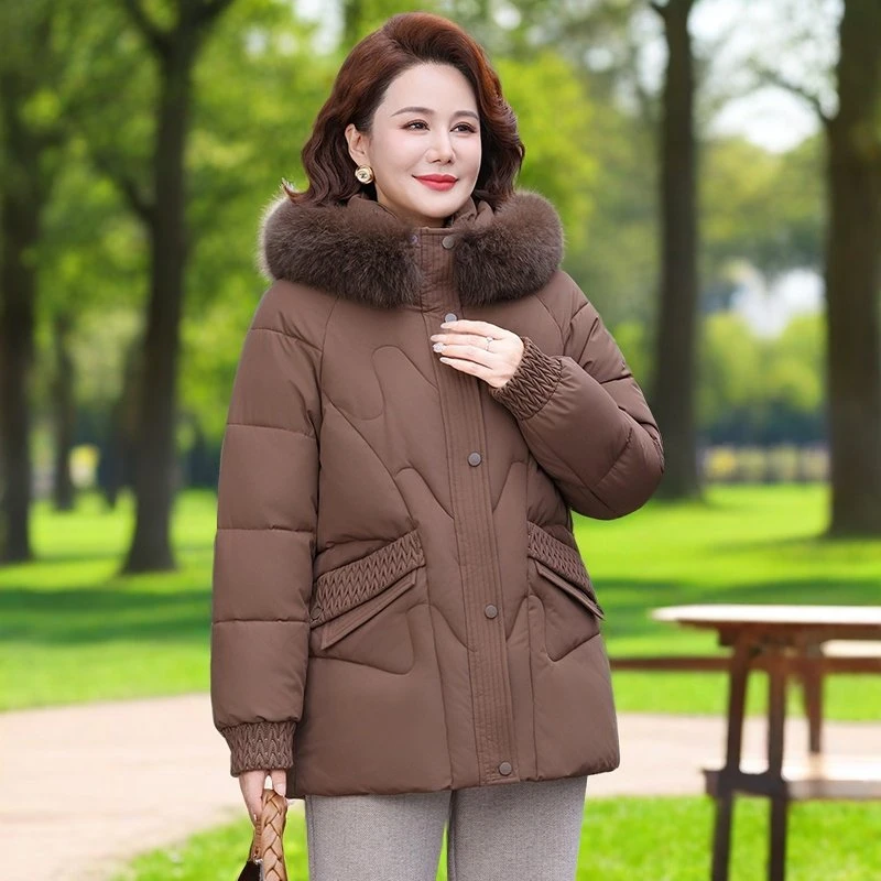 时尚妈妈装连帽大毛领棉服女中长款冬季新款中老年女装加厚外套