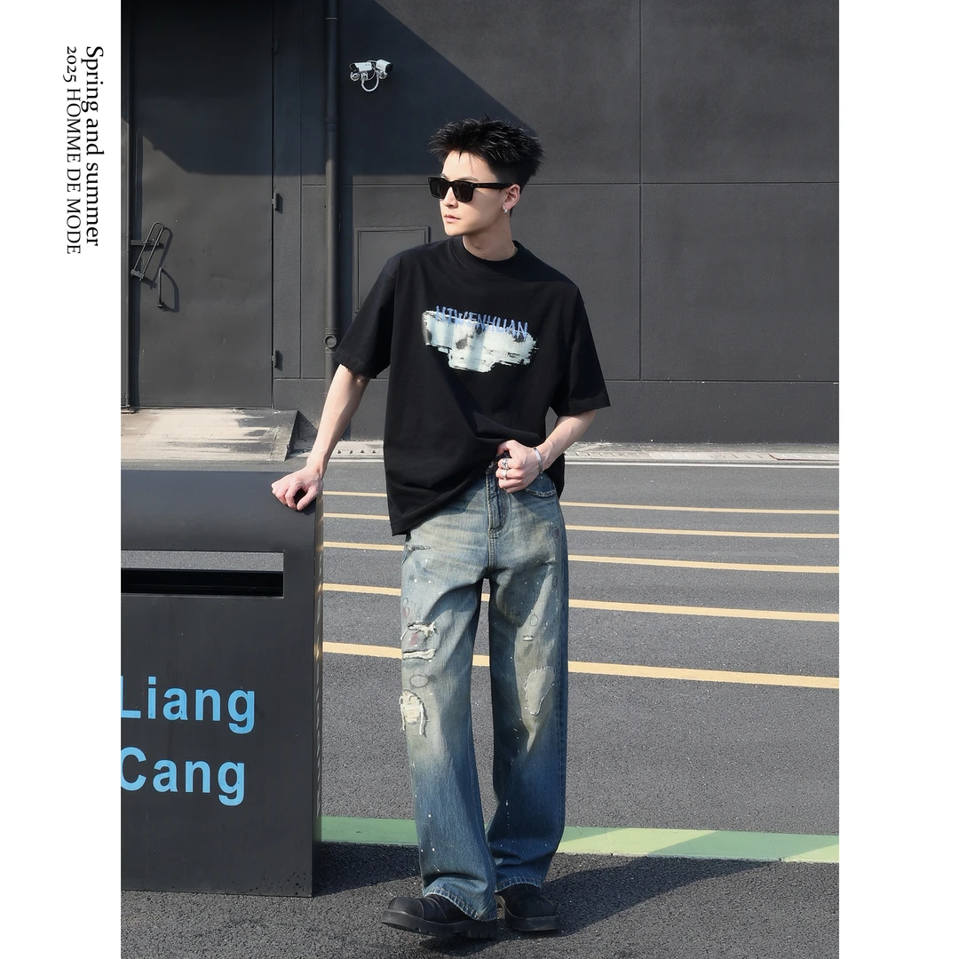 鸡哥哥25S/S 300克磨毛长绒棉 涡流纺织 进口白墨印花微阔短袖T恤