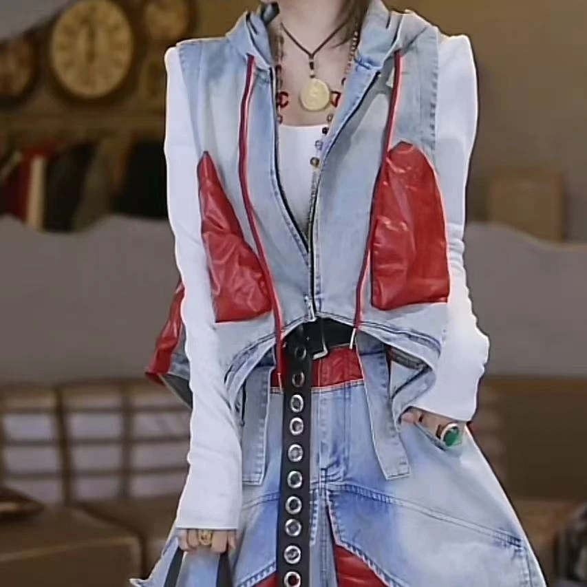 牛仔拼皮口袋连帽不等式牛仔马甲