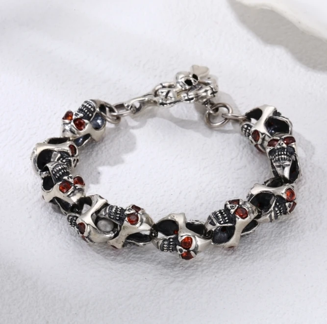 链子925银 红眼骷髅头项链 流行长款毛衣链