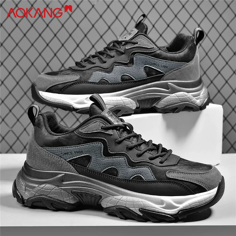 Aokang/奥康男鞋2025秋冬男士防水网面百搭运动鞋防滑厚底老爹鞋