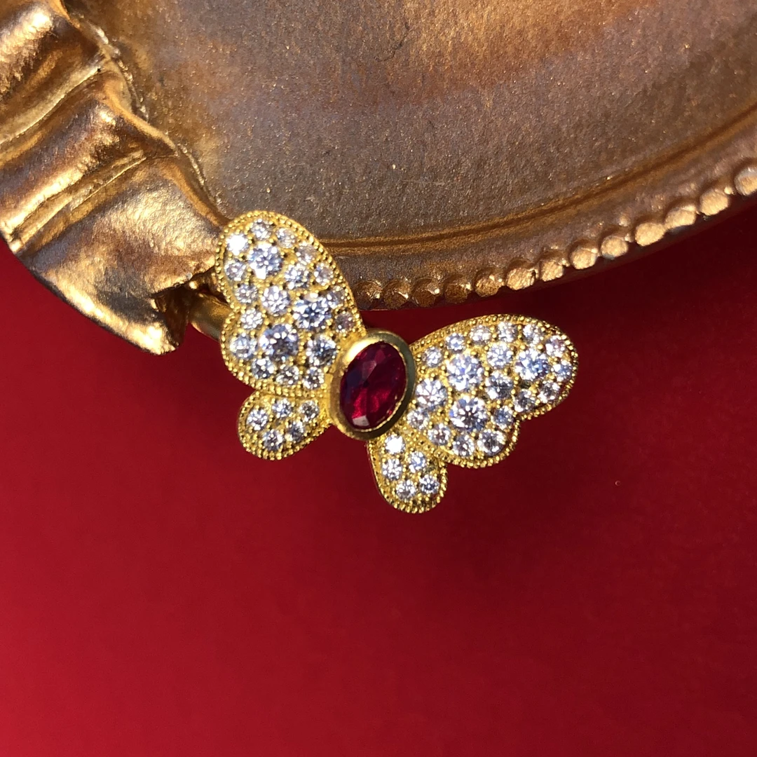 黄金999足金古法手工蝴蝶满钻镶嵌活口戒指定制