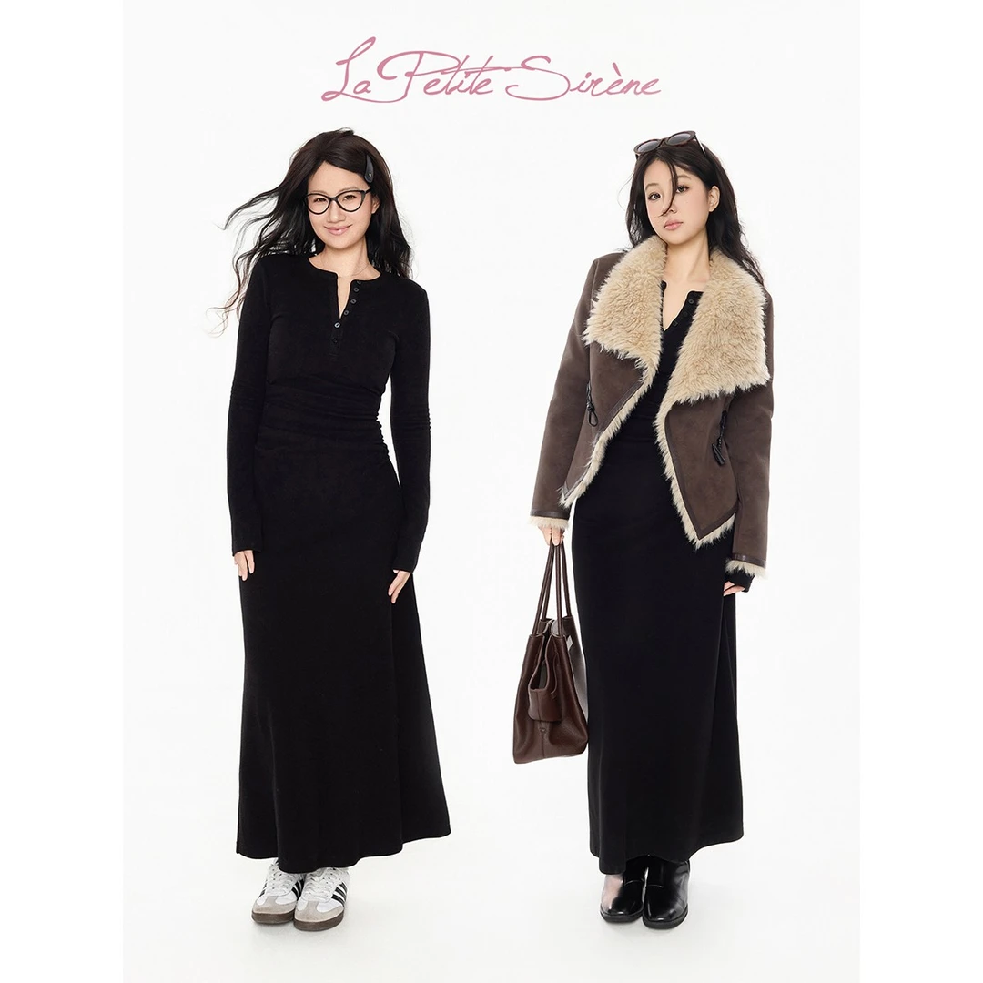 LPS郭卷毛同款 冬新款烟墨黑内搭亨利领收腰显瘦连衣裙L39751JM54