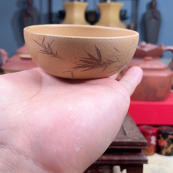茶杯紫砂普洱茶碗竹影花泥