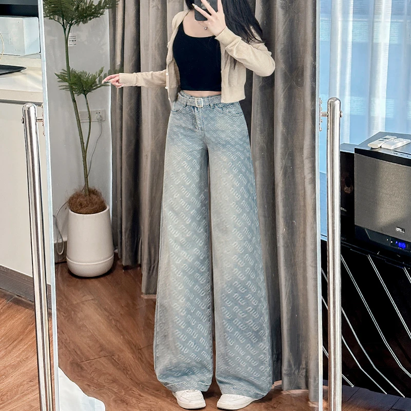 美式高腰复古提花阔腿牛仔裤女2025年秋季新款设计感宽松显瘦百搭