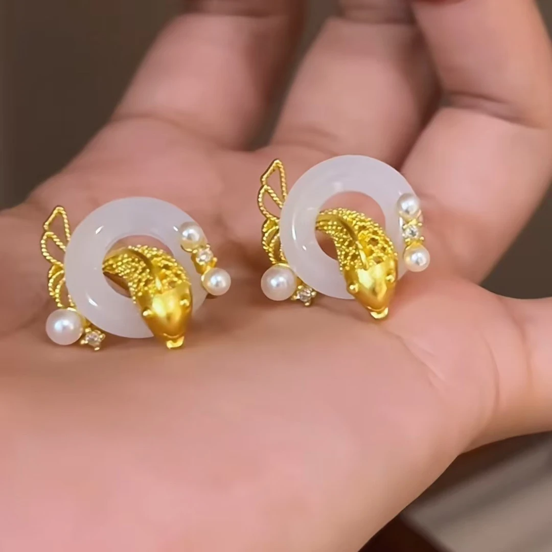 铜合金耳饰 鱼跃龙门新中式锦鲤平安扣耳环复古高级感精致汉服