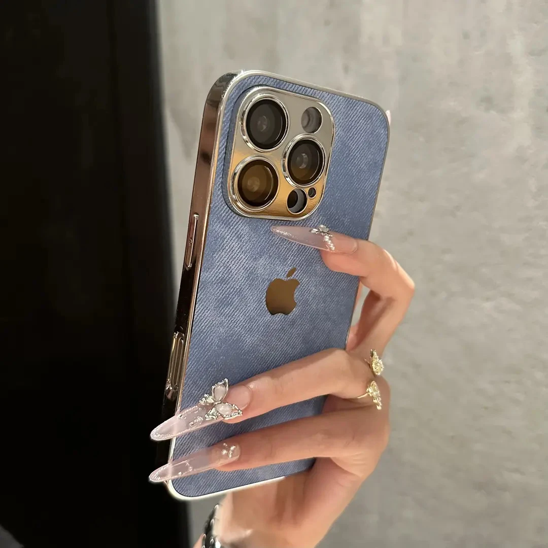 ins高颜值电镀银边牛仔纹适用iPhone17promax手机壳16全包15防摔1