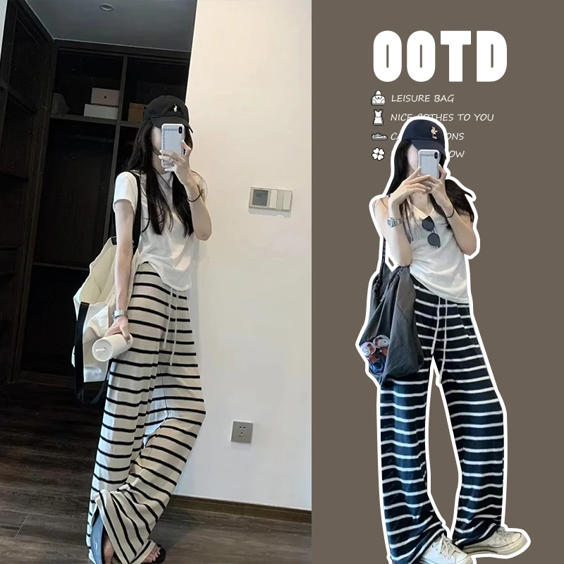 Moses Queen/魔西女王韩版气质休闲松紧腰针织条纹阔腿裤松弛感女