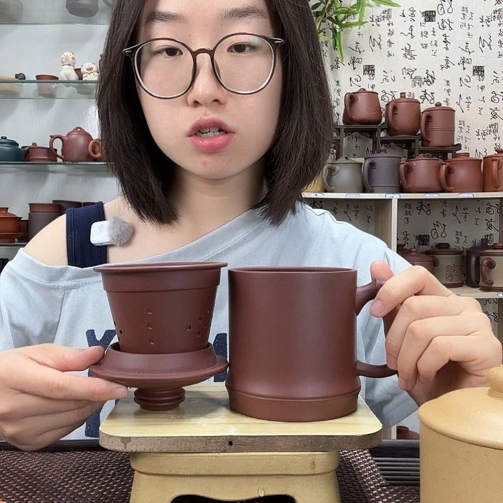 茶杯紫砂原矿紫泥竹节三件套没礼盒450CC