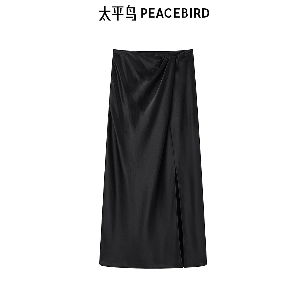太平鸟女装夏黑色高腰不规则坠感显瘦醋酸开叉长裙A1GFE2106