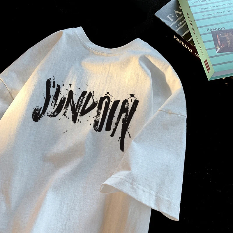 夏季美式痞帅2025短袖T恤潮牌圆领宽松230克纯棉休闲百搭印花上衣