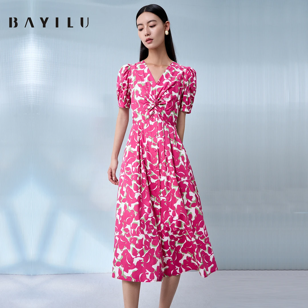 芭依璐夏季连衣裙女印花v领显瘦长裙90L7083