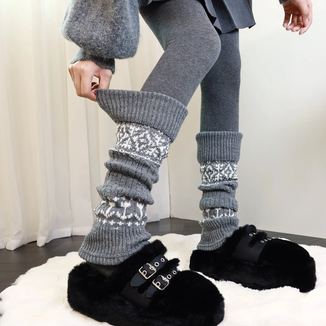 复古费尔岛堆堆袜套秋冬保暖配雪地靴打底裤翻口加厚粗线灰色腿套