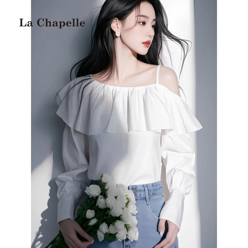 拉夏贝尔春季白色荷叶边拼接吊带露肩雪纺衬衫气质法式独特上衣女