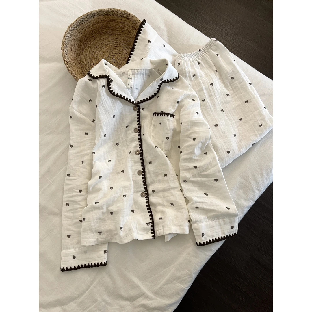 韩系ins风小熊边棉纱睡衣女秋季款可外穿开衫家居服长袖长裤套装