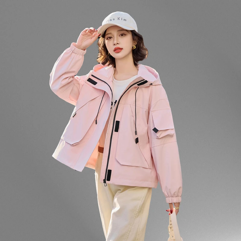 工装短款外套女休闲宽松韩版连帽小个子2025春秋新款时尚夹克上衣