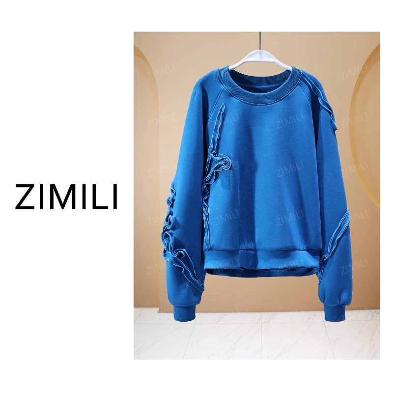 【亮哥欧货女装】冬季加厚《立体盘花》尼罗蓝亲肤超柔卫衣26593