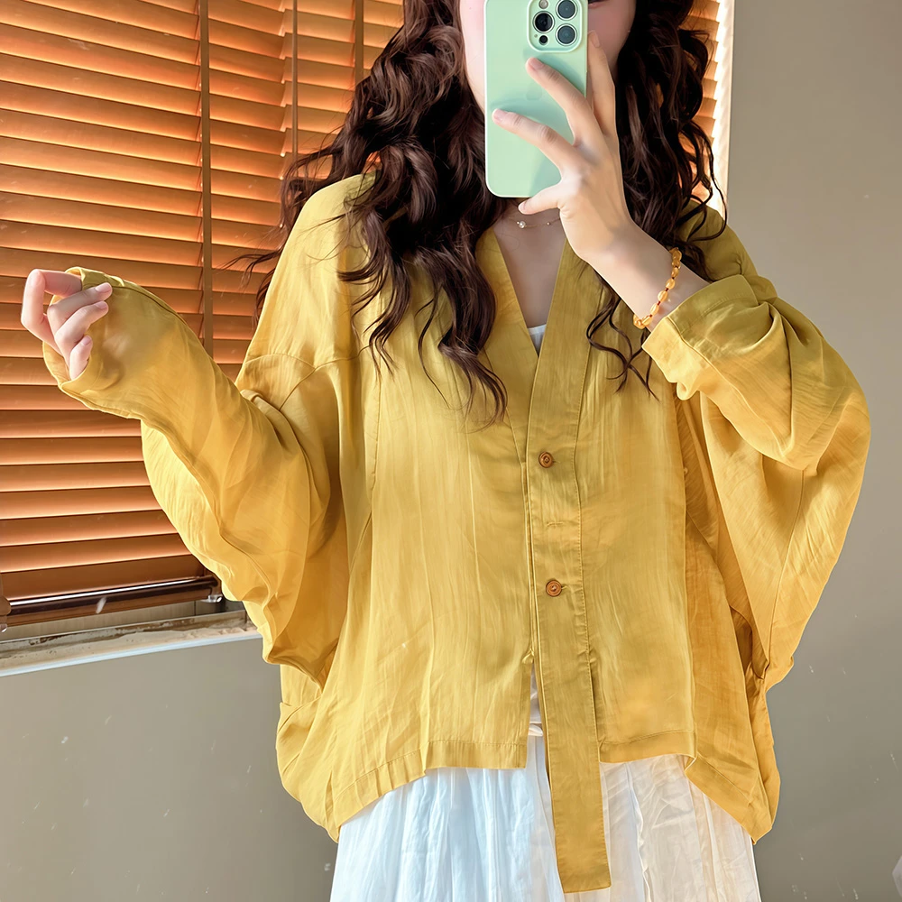 春季新款文艺飘带三粒扣苎麻开衫 V领宽松防晒罩衫薄款外套 9530