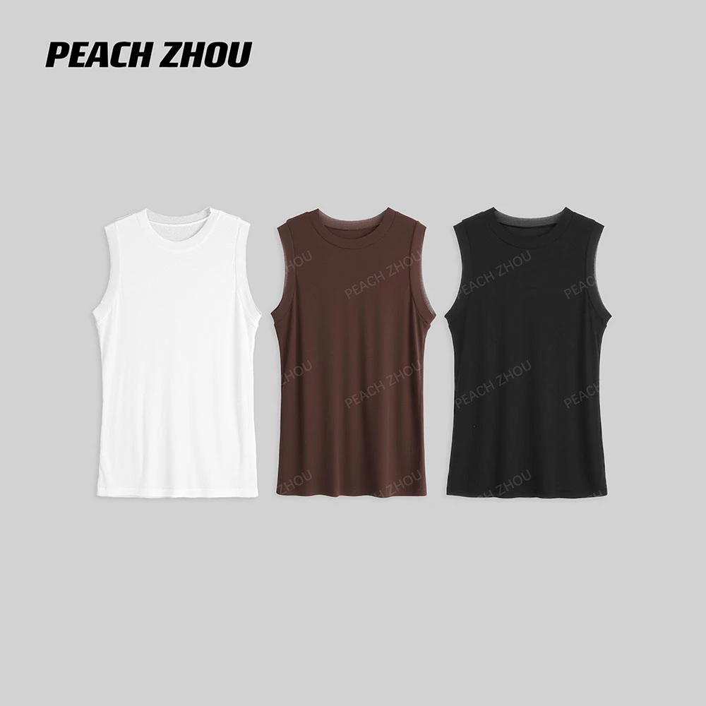 『PEACHZHOU』80支超高捻长绒棉散边宽松圆领背心休闲纯色无袖T恤女