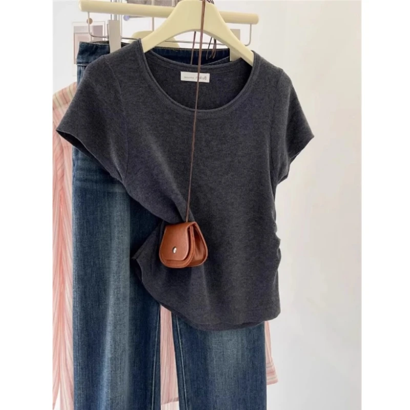 百搭冰丝针织小众短袖T恤女正肩夏季高级感收腰显瘦短款打底上衣