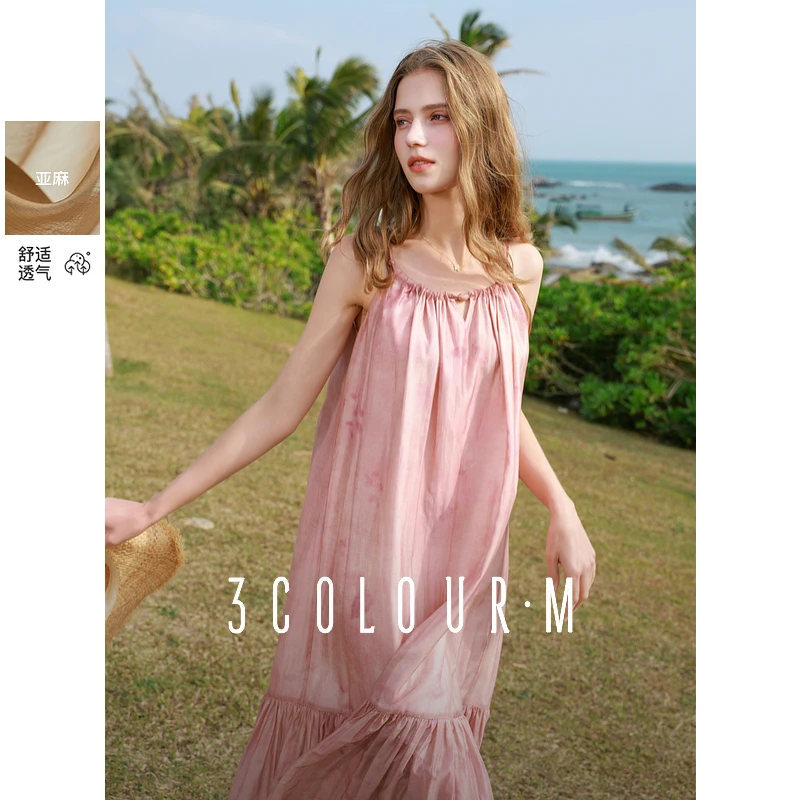 【三彩小樱花】亚麻连衣裙2025夏季新款吊带裙无袖挂脖长裙女M